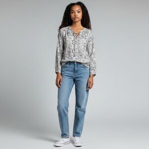 Como Black boho long sleeve top paisley floral white black print sheer size S